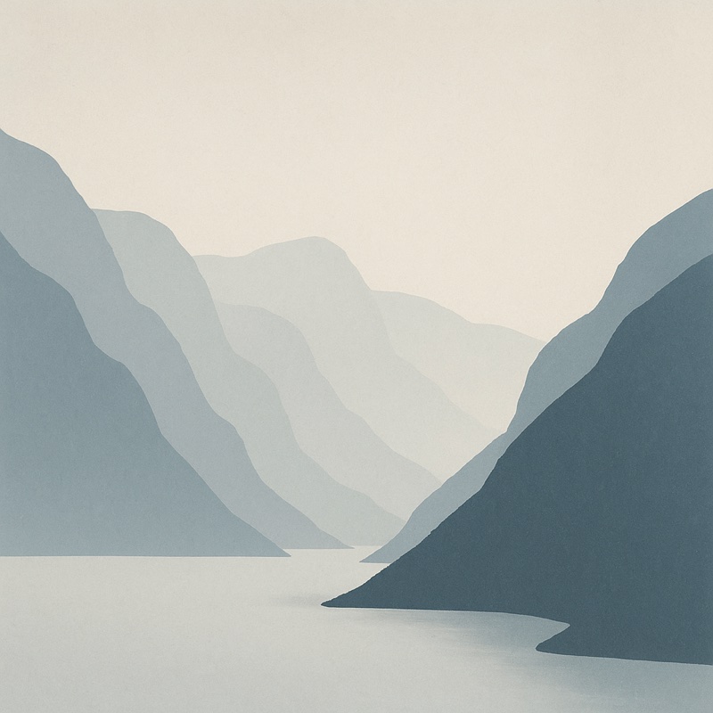 Layered fjord silhouettes in soft blue and grey tones