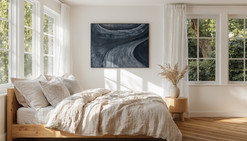 Nordic art print in a bright Scandinavian bedroom