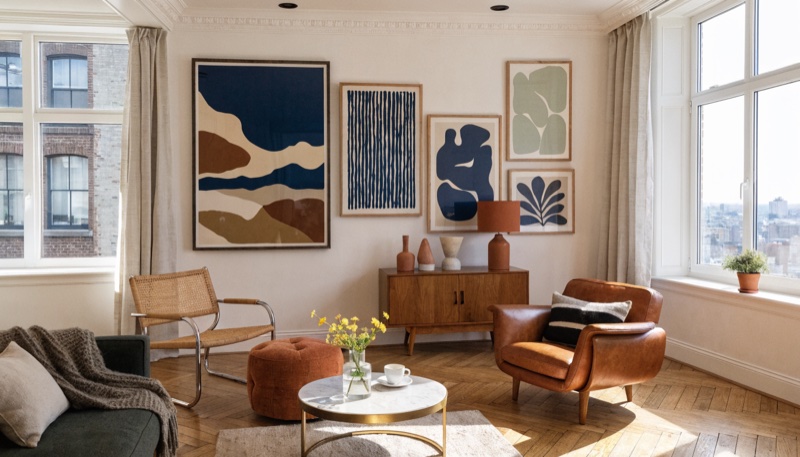 Gallery wall arrangement in a modern living room