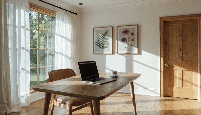 Botanical prints in a sunlit home office